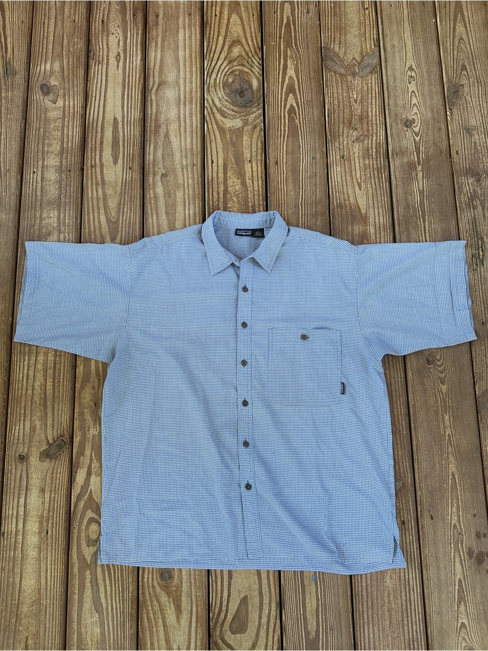Vintage Patagonia Men’s Blue Micro Check Short Sleeve Button Up Shirt